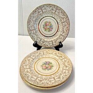 Royal China Inc Plate Warranted 22K Colonial Gold set (4) Bread 7.25” 6” Vintage